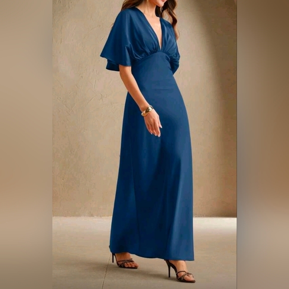New Flowy Satin Dolman Sleeve High Waist Maxi Dress Blue - Picture 4 of 9